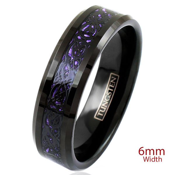 Stunning Black Tungsten Ring with Black Celtic Dragon on Violet Purple Faux Carbon Fiber Inlay.