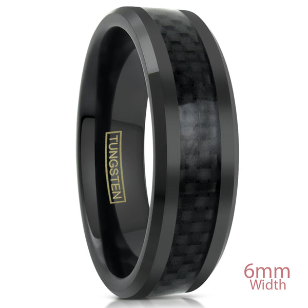 Black Tungsten Ring w/ Black Faux Carbon Fiber Inlay. Wholesale Tungsten Rings - Wedding Bands. 6mm White Photo.