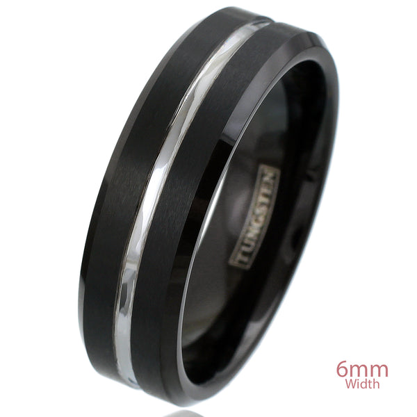 6mm Black brushed finish tungsten ring | Recessed silver stripe | Wholesale tungsten rings - Wedding bands | White photo
