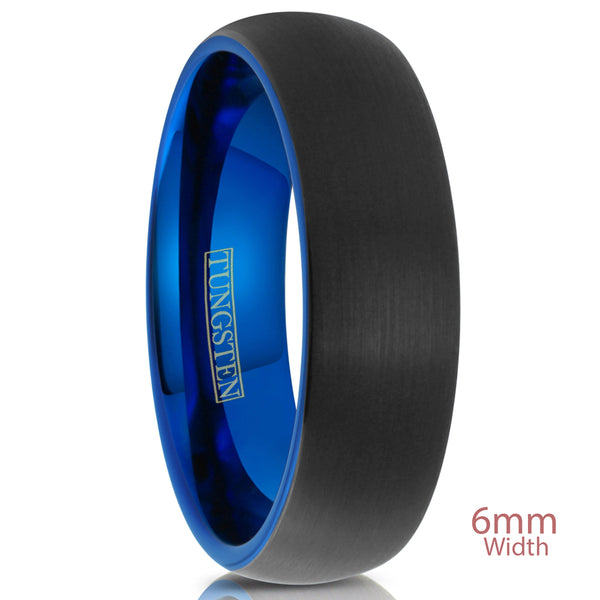 Black tungsten carbide ring w/ brushed finish band & sapphire blue inner band | Wholesale tungsten rings - wedding bands | 6mm White Upright photo