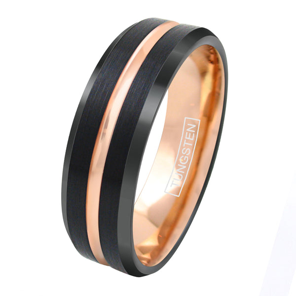 black tungsten ring | rose gold stripe inner band | beveled edges | wholesale tungsten rings wedding bands - 6mm white photo
