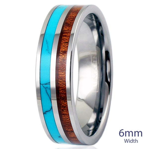 Flat silver tungsten band ring w/ turquoise and Koa wood inlays | Wholesale tungsten rings - wedding bands | 6mm upright photo