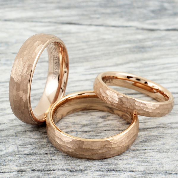 Hammered brushed finished rose gold tungsten carbide wedding band | Group photo