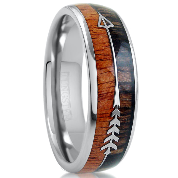 Polished silver tungsten carbide band ring w/ two tone wood & feathered arrow inlays | 6mm white photo