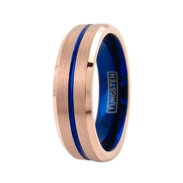 6mm rose gold tungsten ring w/ blue stripe & blue inner band | Wholesale tungsten rings - wedding bands | Upright photo