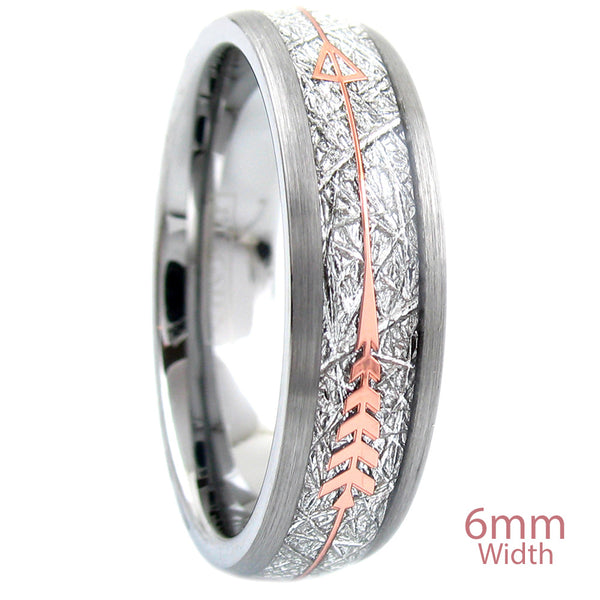 silver tungsten carbide band ring w/ faux meteorite & rose gold feathered arrow inlays w/ brushed finished edges | 6mm upright photo