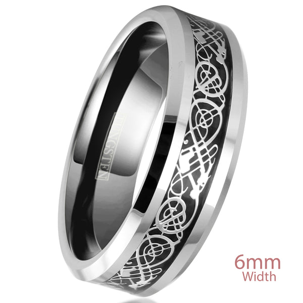 Silver tungsten ring w/ silver Celtic dragon | Black faux carbon fiber inlay. Wholesale Tungsten Rings - Wedding Bands | 6mm white tilted Photo