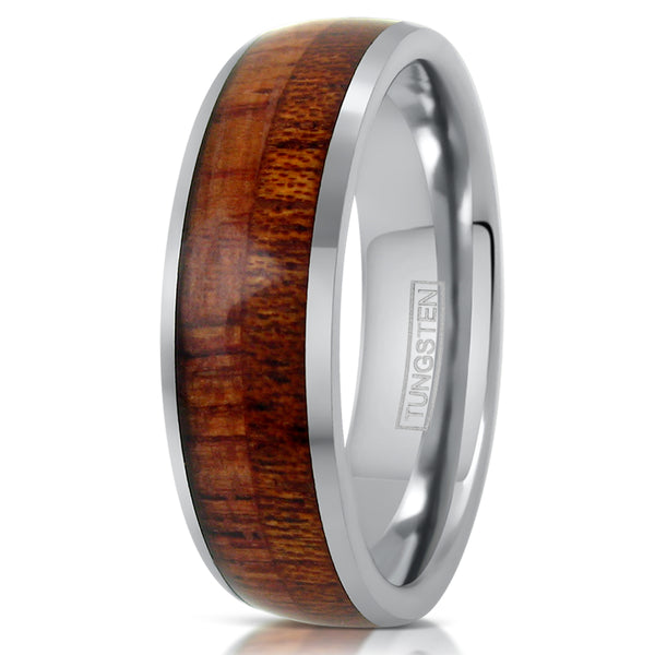 6mm mirror polished silver tungsten ring with natural koa wood inlay. Wholesale Tungsten Rings - Wedding Bands | Upright Photo
