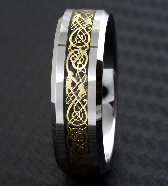 Silver tungsten ring | Gold Celtic dragon | Dark black inlay. Wholesale Tungsten Rings - Wedding Bands | 6mm Black Photo.