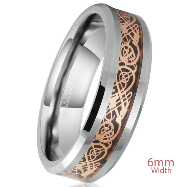 Silver tungsten carbide ring | Rose gold Celtic dragon on Black faux carbon fiber inlay | 6mm white tilted Photo.