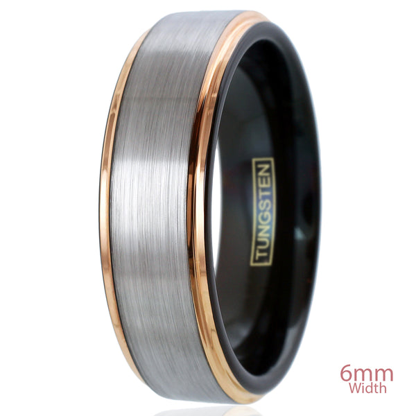8mm Silver tungsten carbide band ring w/ black inner band & rose gold stepped edges | 6mm Upright Photo