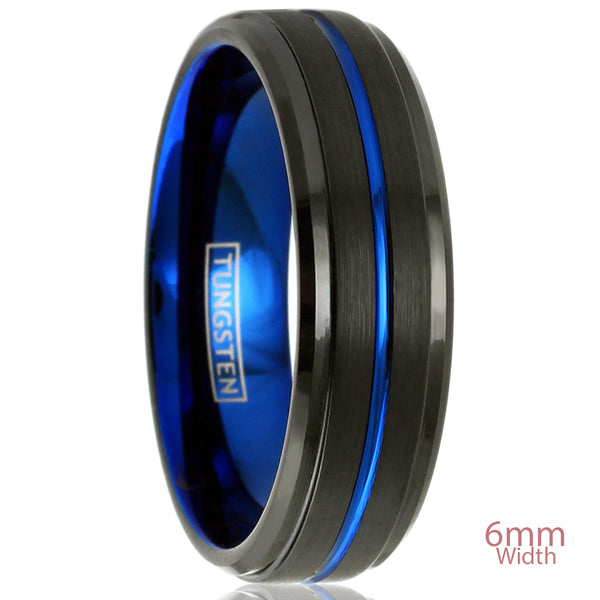 6mm Black tungsten ring, cobalt blue inner band & recessed stripe | Wholesale tungsten rings - wedding bands | Upright photo