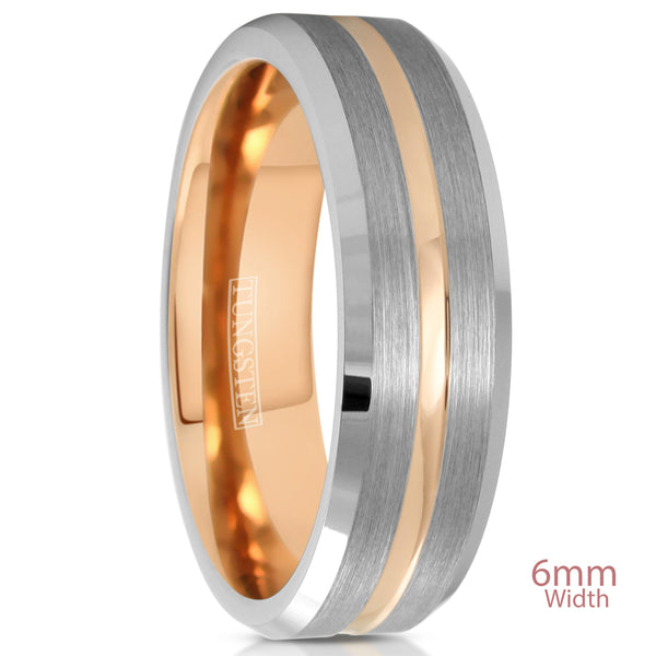 2-tone silver tungsten ring w/ rose gold inner band & stripe | Wholesale tungsten rings - wedding bands | 6mm white photo