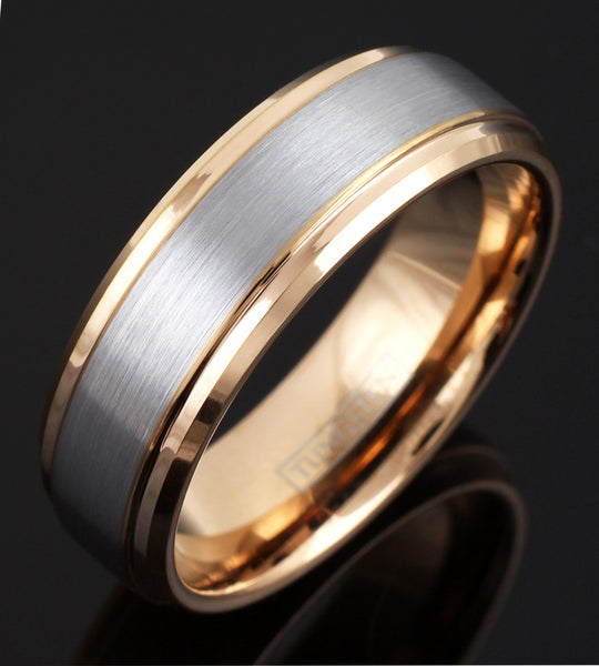 rose gold tungsten ring w brushed finish silver band | wholesale tungsten rings - wedding bands | 6mm slanted photo