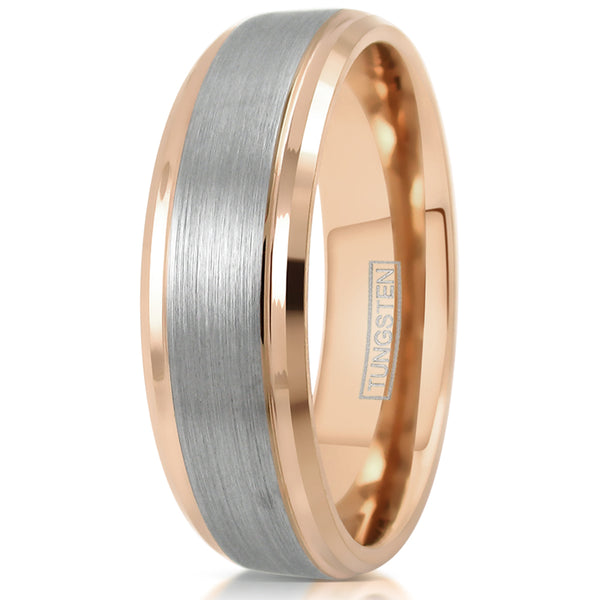 rose gold tungsten ring w brushed finish silver band | wholesale tungsten rings - wedding bands | 6mm upright photo