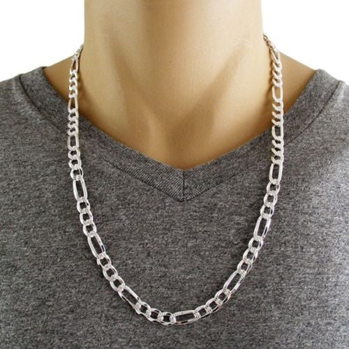 Exquisite 7mm/200 Gauge Pave Cut Figaro Link Chain Necklace | Wholesale 925 sterling silver jewelry | Alternate