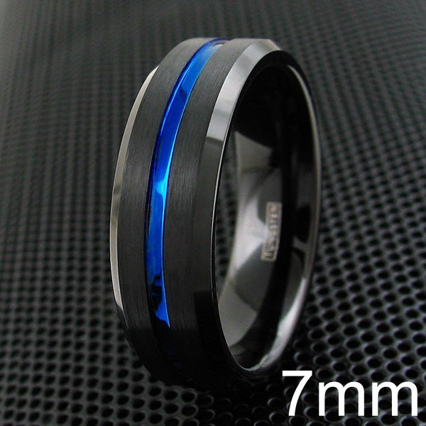 7mm Black tungsten ring w/ thin blue line & beveled edges | Wholesale Tungsten Rings - Wedding Bands | Black Background photo
