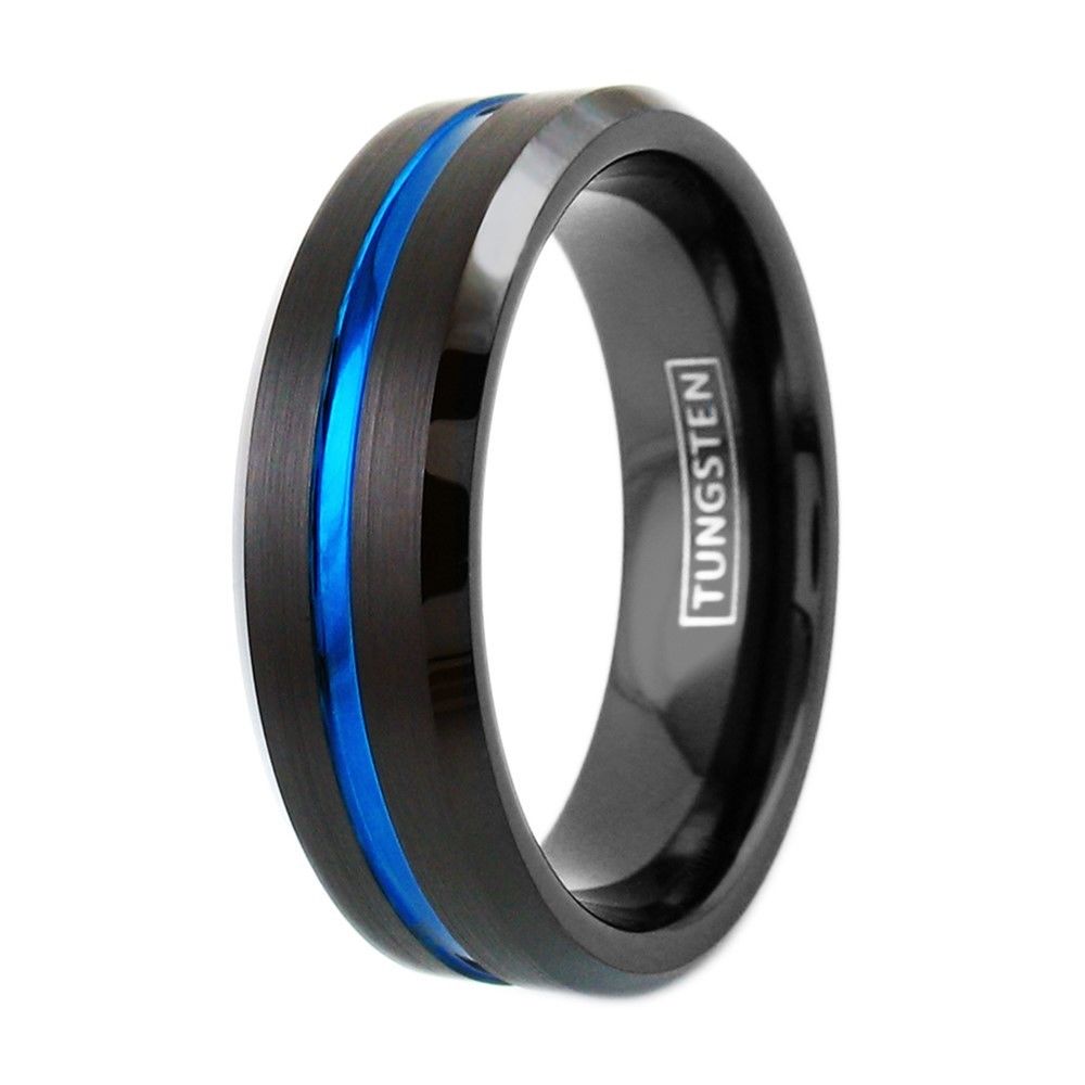 Thin Blue Line 7mm Black Tungsten Ring w/ Beveled Edges. Wholesale ...