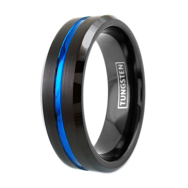 7mm Black tungsten ring w/ thin blue line & beveled edges | Wholesale Tungsten Rings - Wedding Bands | Diagonal photo
