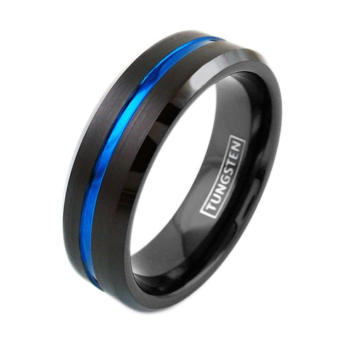 7mm Black tungsten ring w/ thin blue line & beveled edges | Wholesale Tungsten Rings - Wedding Bands | Upright photo