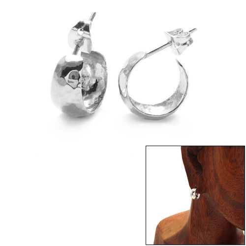 7mm Wide Hammered Cigar Band Design Hoop Post Earrings | Wholesale Sterling Silver Jewelry | Alternate