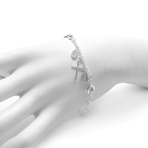 Beautiful Rosary Oval Plates and Cross Cuban Link Bracelet - 8 Inch | Wholesale 925 Sterling Silver Jewelry | Alternate
