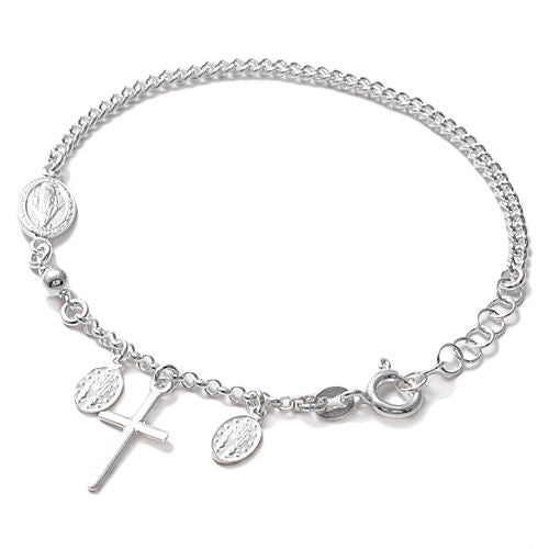 Beautiful Rosary Oval Plates and Cross Cuban Link Bracelet - 8 Inch | Wholesale 925 Sterling Silver Jewelry | Main
