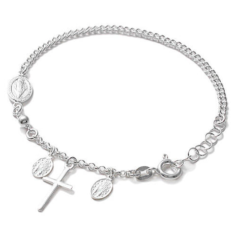 Beautiful Rosary Oval Plates and Cross Cuban Link Bracelet - 8 Inch | Wholesale 925 Sterling Silver Jewelry | Main