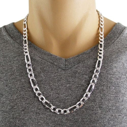Exquisite 8mm/250 Gauge Pave Cut Figaro Link Chain Necklace | Wholesale 925 sterling silver jewelry | Alternate