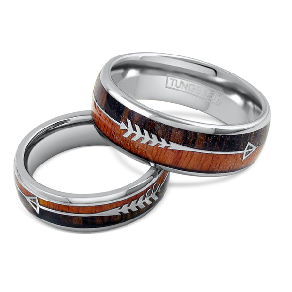 Polished silver tungsten carbide band ring w/ two tone wood & feathered arrow inlays | 6mm 8mm group photo