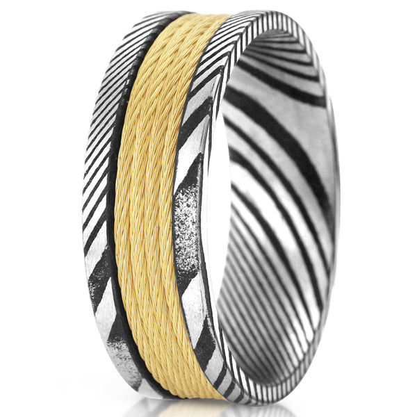 Antiqued black & silver Damascus Steel band ring w/ 4 gold stainless steel cable inlays | White upright  photo