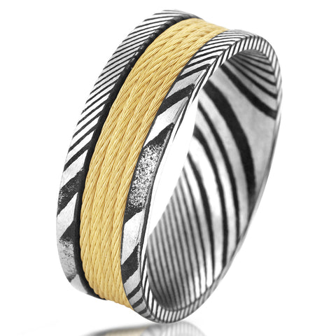 Antiqued black & silver Damascus Steel band ring w/ 4 gold stainless steel cable inlays | White tilted photo