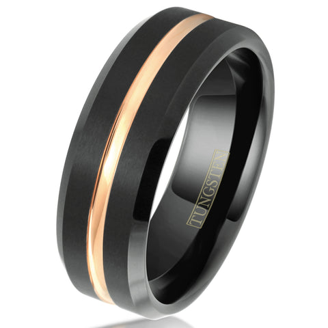 Black tungsten ring w/ recessed rose gold stripe & beveled edges | Wholesale Tungsten Rings - Wedding Bands | 8mm White photo