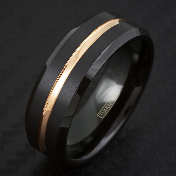Black tungsten ring w/ recessed rose gold stripe & beveled edges | Wholesale Tungsten Rings - Wedding Bands | Black photo