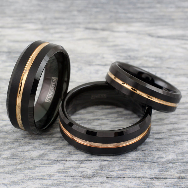 Black tungsten ring w/ recessed rose gold stripe & beveled edges | Wholesale Tungsten Rings - Wedding Bands | Group photo