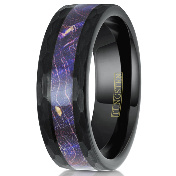Hexagon brushed finish black tungsten carbide ring w/ purple box elder wood inlay | White upright photo