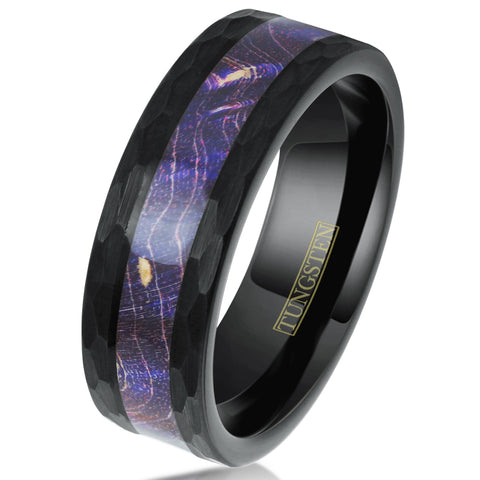 Hexagon brushed finish black tungsten carbide ring w/ purple box elder wood inlay | Tilted white photo