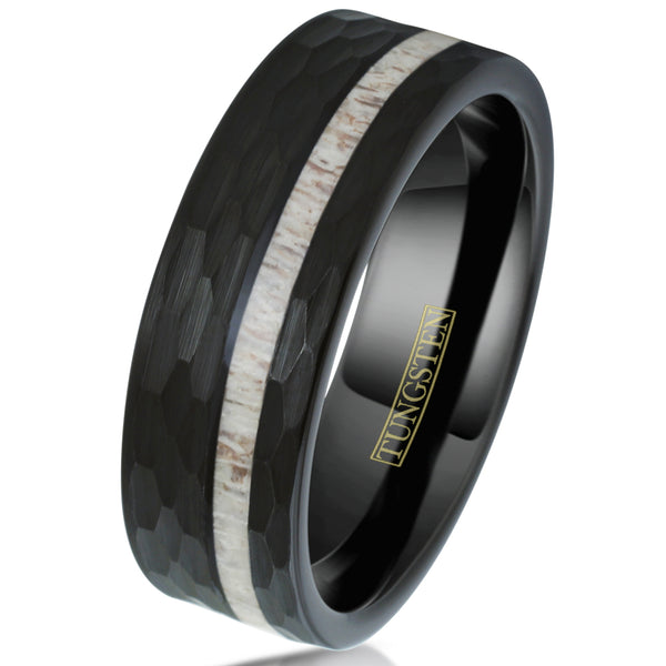 Hexagon brushed finish black tungsten carbide ring w/ asymmetrical deer antler inlay | Tilted white photo
