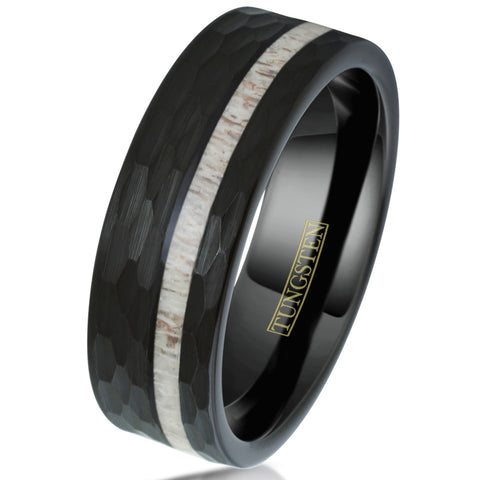 Hexagon brushed finish black tungsten carbide ring w/ asymmetrical deer antler inlay | Tilted white photo