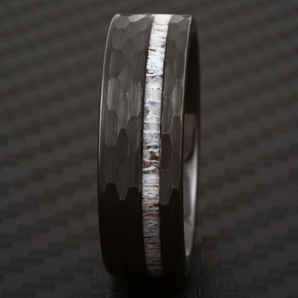 Hexagon brushed finish black tungsten carbide ring w/ asymmetrical deer antler inlay | Black front photo