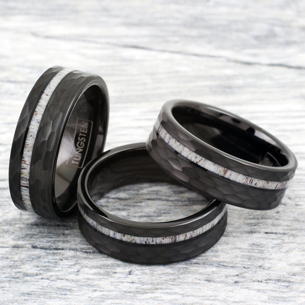 Hexagon brushed finish black tungsten carbide ring w/ asymmetrical deer antler inlay | Marble group photo