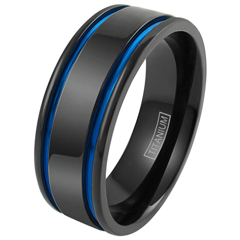 Black titanium ring with two cobalt blue racing stripes | Wholesale wedding bands | Main 8mm photo