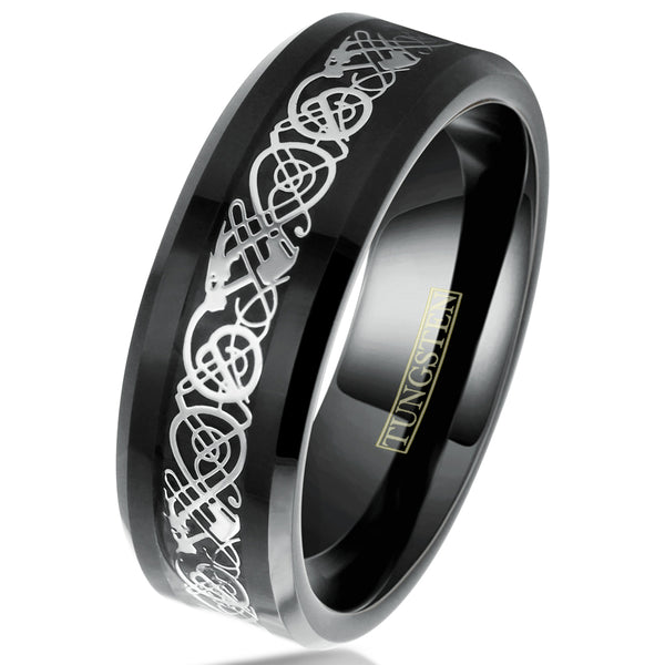 Black tungsten ring | Silver Celtic dragon | Faux black carbon fiber inlay. Wholesale Tungsten Rings - Wedding Bands | White tilted photo