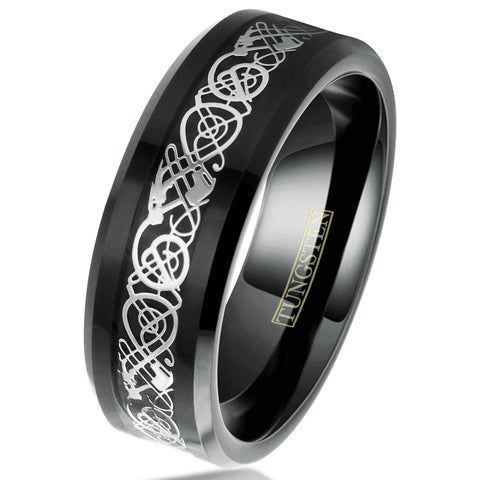 Black tungsten ring | Silver Celtic dragon | Faux black carbon fiber inlay. Wholesale Tungsten Rings - Wedding Bands | White tilted photo
