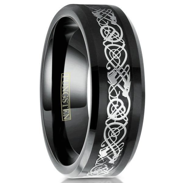 Black tungsten ring | Silver Celtic dragon | Faux black carbon fiber inlay. Wholesale Tungsten Rings - Wedding Bands | White upright photo