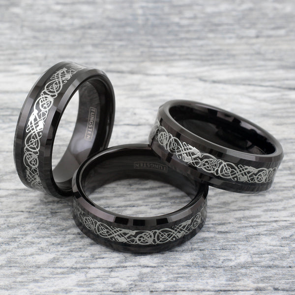 Black tungsten ring | Silver Celtic dragon | Faux black carbon fiber inlay. Wholesale Tungsten Rings - Wedding Bands | Group photo