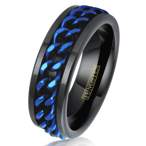 Black flat tungsten carbide band ring w/ royal blue Cuban link chain | White tilted photo