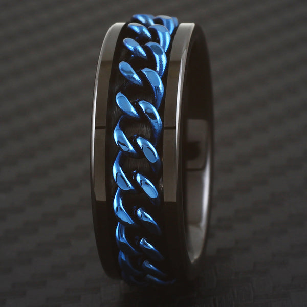 Black flat tungsten carbide band ring w/ royal blue Cuban link chain | Black front photo