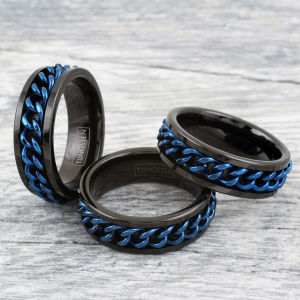 Black flat tungsten carbide band ring w/ royal blue Cuban link chain | Marble group photo
