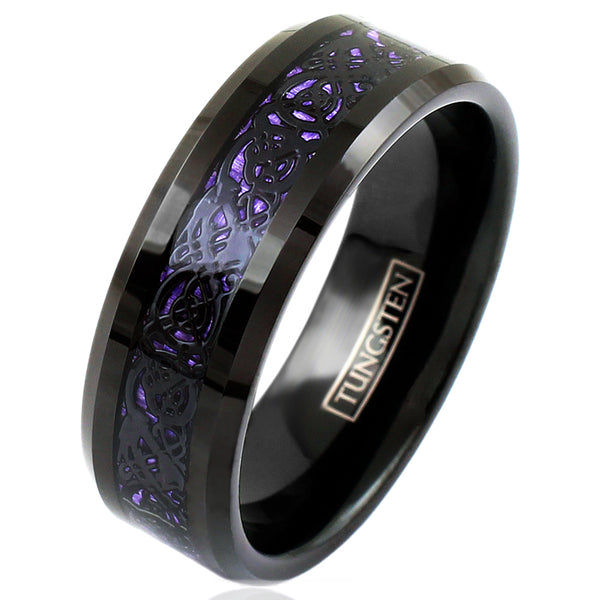 Stunning Black Tungsten Ring with Black Celtic Dragon on Violet Purple Faux Carbon Fiber Inlay.